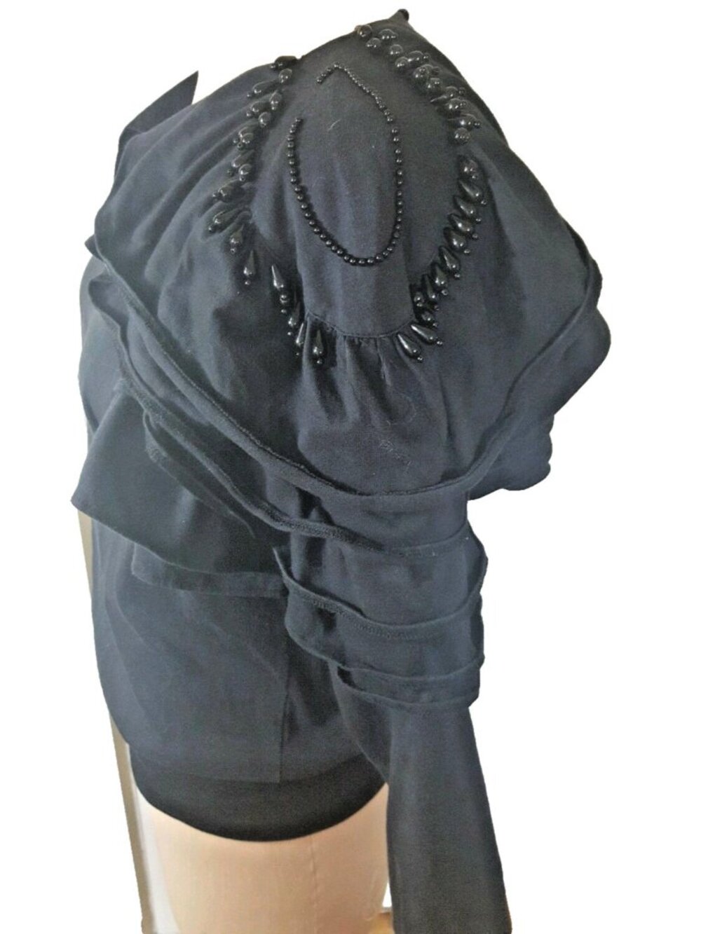Unique black ruffle sleeve statement shoulder beaded top M